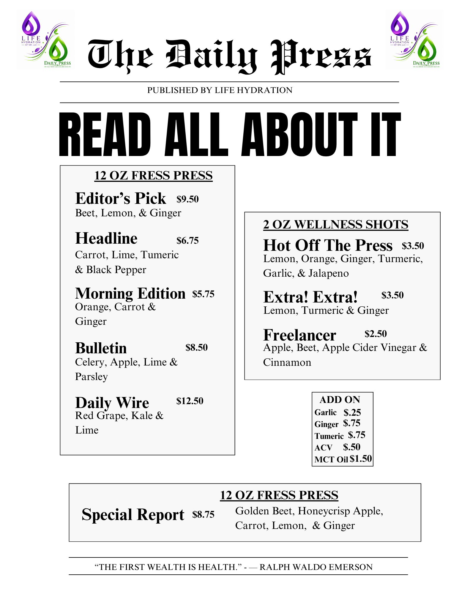 The Daily Press menu: fresh-pressed juices, wellness shots, add-ons, and the Special Report of the week